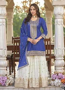 Blue Chinon Palazzo Suit With Sequins Embroidery And Bandhani Print