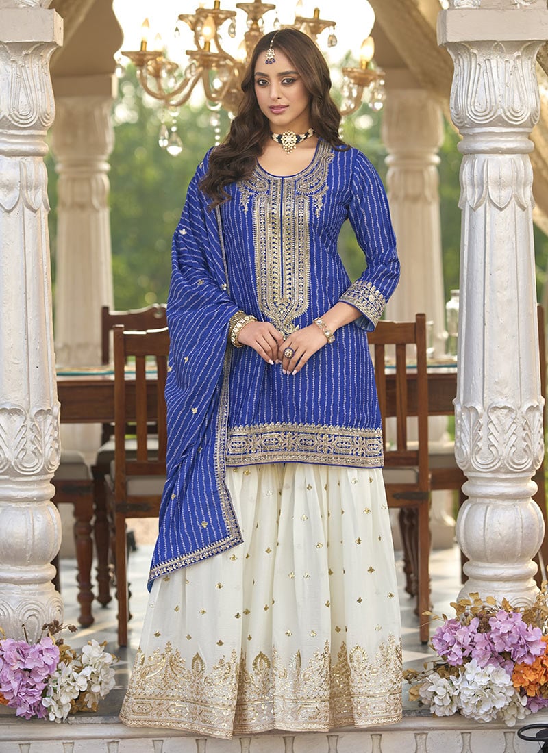 Blue Chinon Palazzo Suit With Sequins Embroidery And Bandhani Print Festive Wear