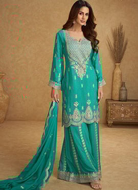 Blue Chinon Printed  Embroidered Sequins Palazzo Suit