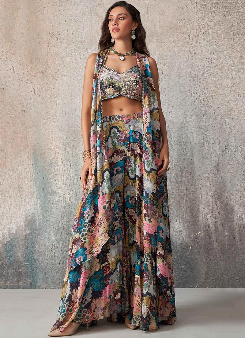 Blue Chinon Printed Embroidered Sequins Indowestern Jacket Stylish Palazzo Set Wedding Wear