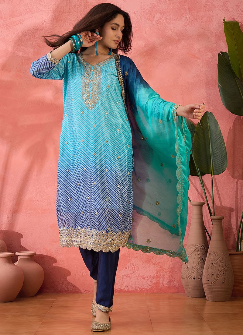 Blue Chinon Silk Bandhani Print Embroidered Sequins Straight Pant Suit Festive Wear