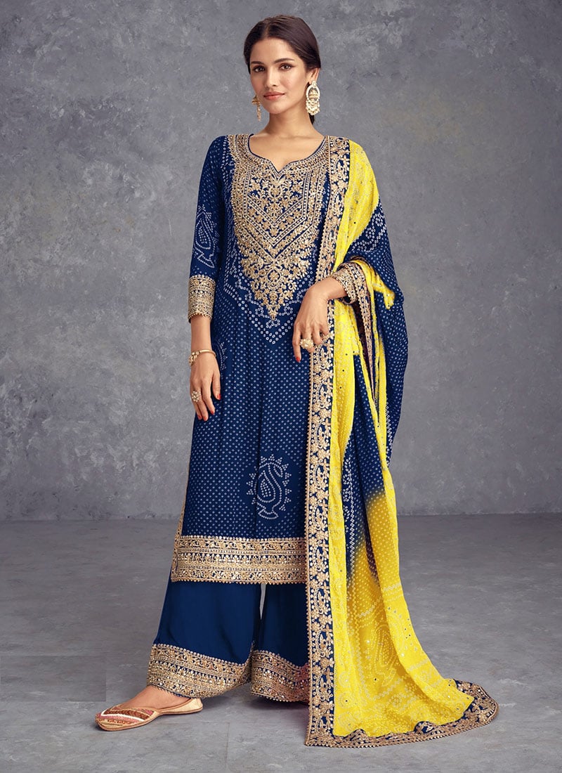 Blue Chinon Silk Bandhini Print Embroidered Sequins Palazzo Suit Festive Wear