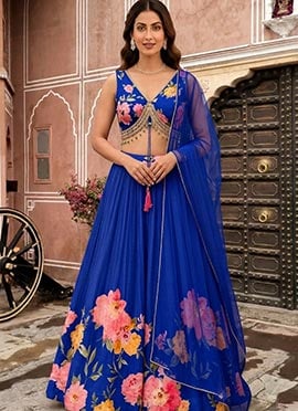 Blue Chinon Silk Cutdana Beads Hand Embroidered Digital Print Lehenga