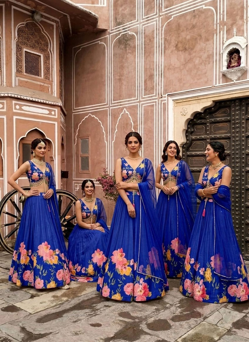 Blue Chinon Silk Cutdana Beads Hand Embroidered Digital Print Lehenga Wedding Wear