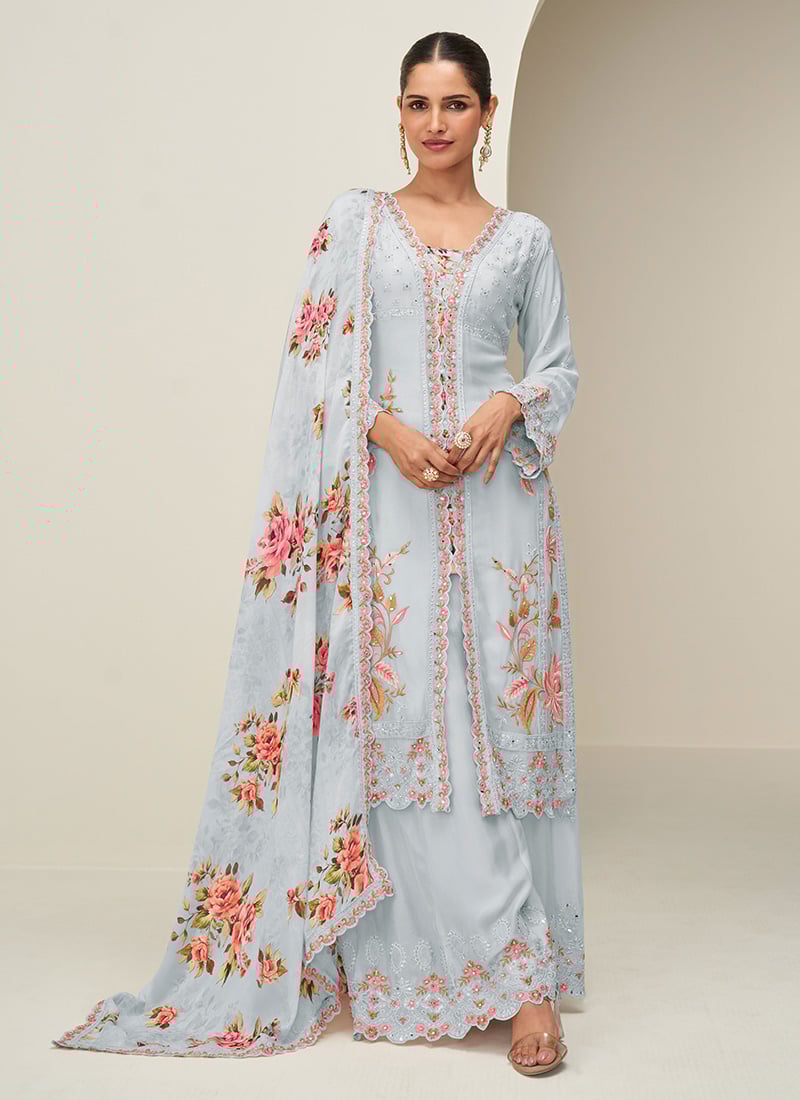 Blue Chinon Silk Digital Print And Thread Embroidered Sequins Palazzo Suit Festive Wear