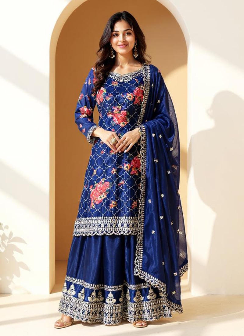 Blue Chinon Silk Digital Print Embroidered Sequins Palazzo Suit
