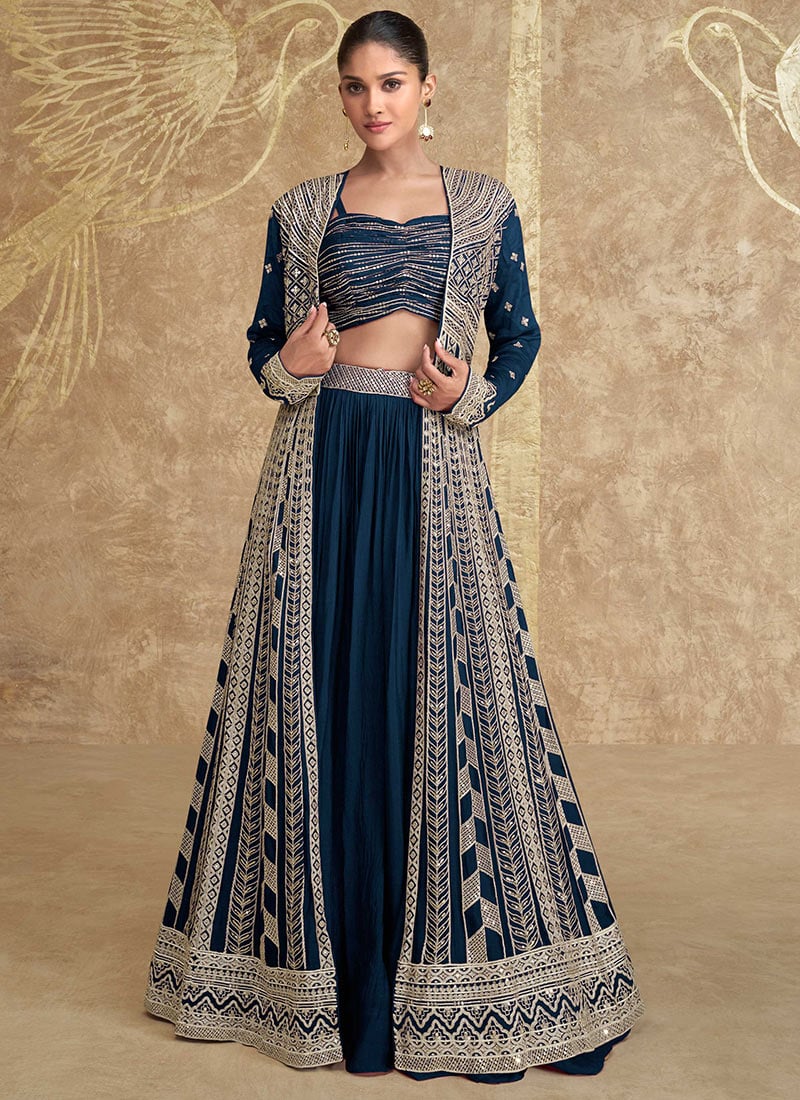 Blue Chinon Silk Embroidered And Sequins Indowestern Jacket Lehenga Wedding Wear