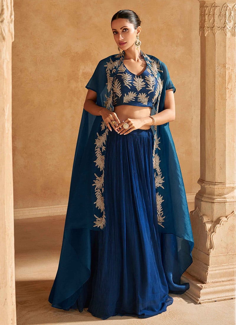 Blue Chinon Silk Embroidered Beads Indowestern Jacket Lehenga Set Wedding Wear