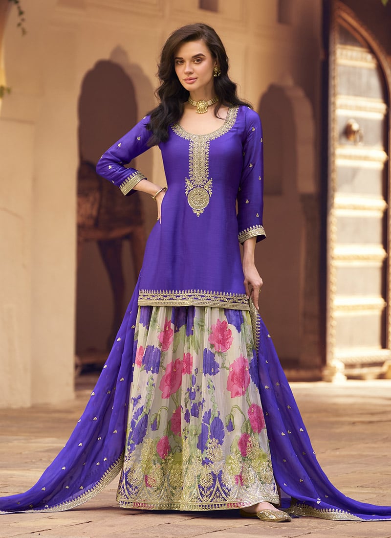 Blue Chinon Silk Embroidered Palazzo Suit