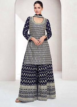 Blue Chinon Silk Embroidered Sequins Classy Palazzo Suit
