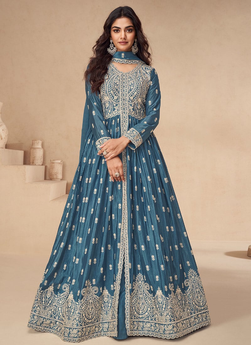 Blue Chinon Silk Embroidered Sequins Elegant Anarkali Lehenga Wedding Wear