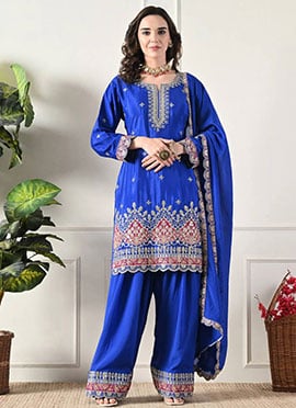 Blue Chinon Silk Embroidered Sequins Farshi Style Suit