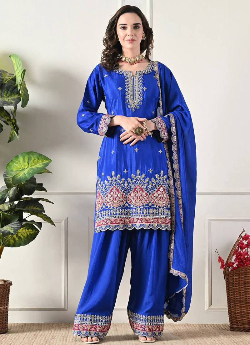 Blue Chinon Silk Embroidered Sequins Farshi Style Suit Festive Wear