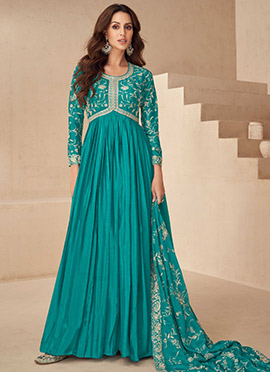Blue Chinon Silk Embroidered Sequins Gorgeous Anarkali Suit