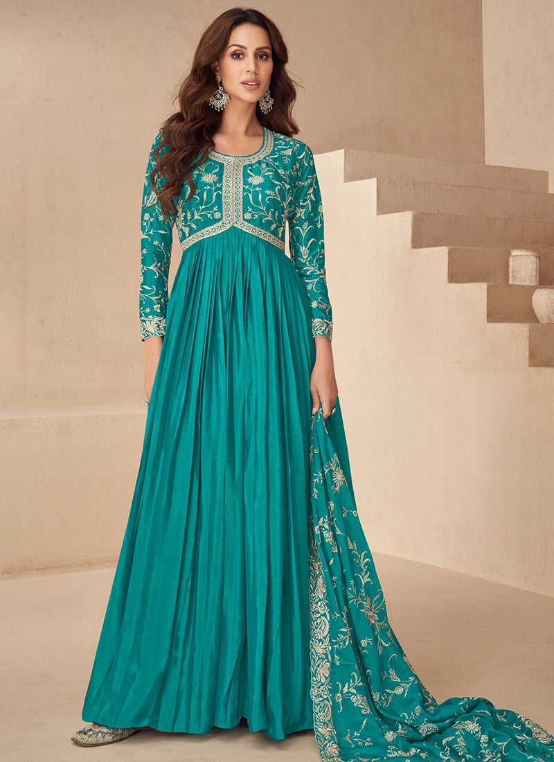 Blue Chinon Silk Embroidered Sequins Gorgeous Anarkali Suit Festive Wear