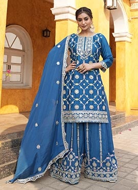 Blue Chinon Silk Embroidered Sequins Palazzo Suit