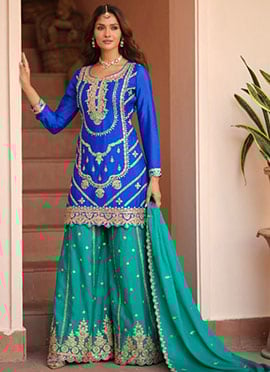 Blue Chinon Silk Embroidered Sequins Palazzo Suit