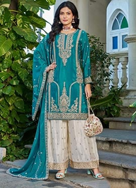 Blue Chinon Silk Embroidered Sequins Palazzo Suit