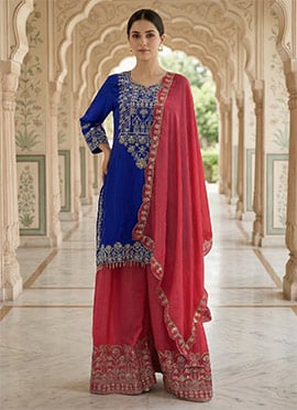 Blue Chinon Silk Embroidered Sequins Palazzo Suit