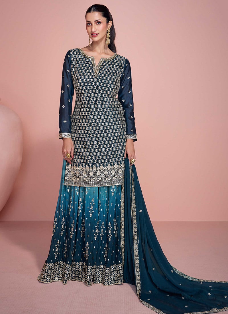 Blue Chinon Silk Embroidered Sequins With Beads Work Gorgeous Palazzo Suit Festive Wear