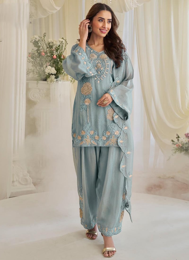 Blue Chinon Silk Embroidered Sequins With Stone And Beads Work Salwar Suit Festive Wear