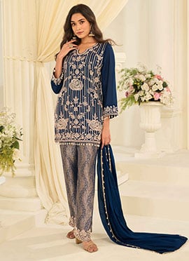 Blue Chinon Silk Jacquard Embroidered Sequins With Stone Work Straight Pant Suit