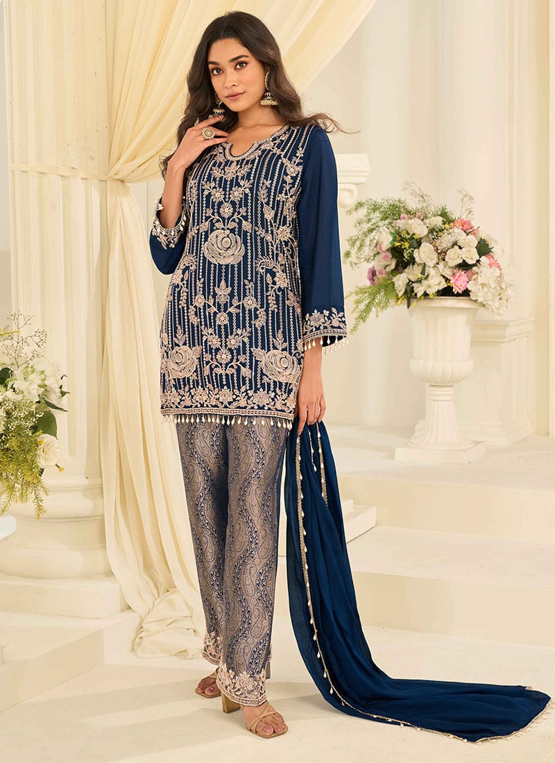 Blue Chinon Silk Jacquard Embroidered Sequins With Stone Work Straight Pant Suit Festive Wear