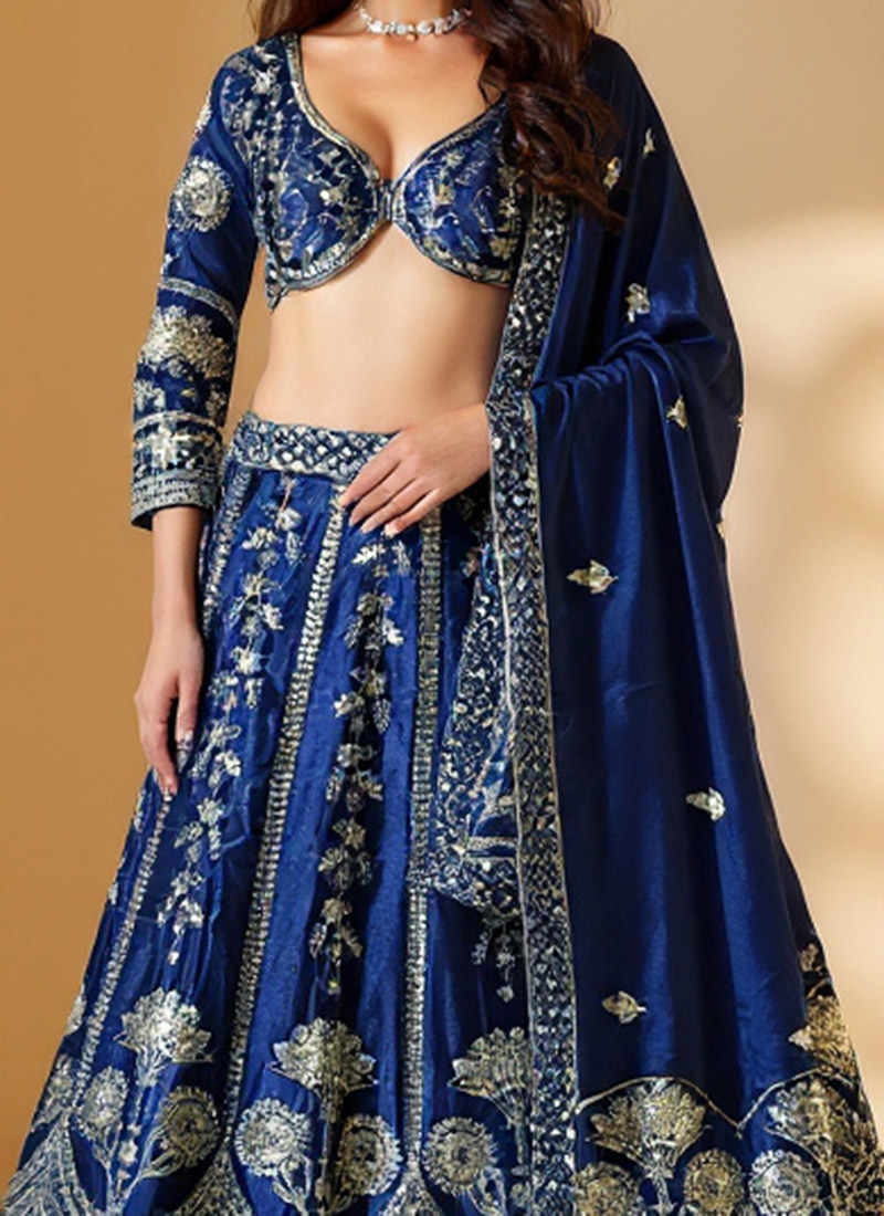 Chinon Silk Blue Multi Embroidered Wedding Lehenga Choli