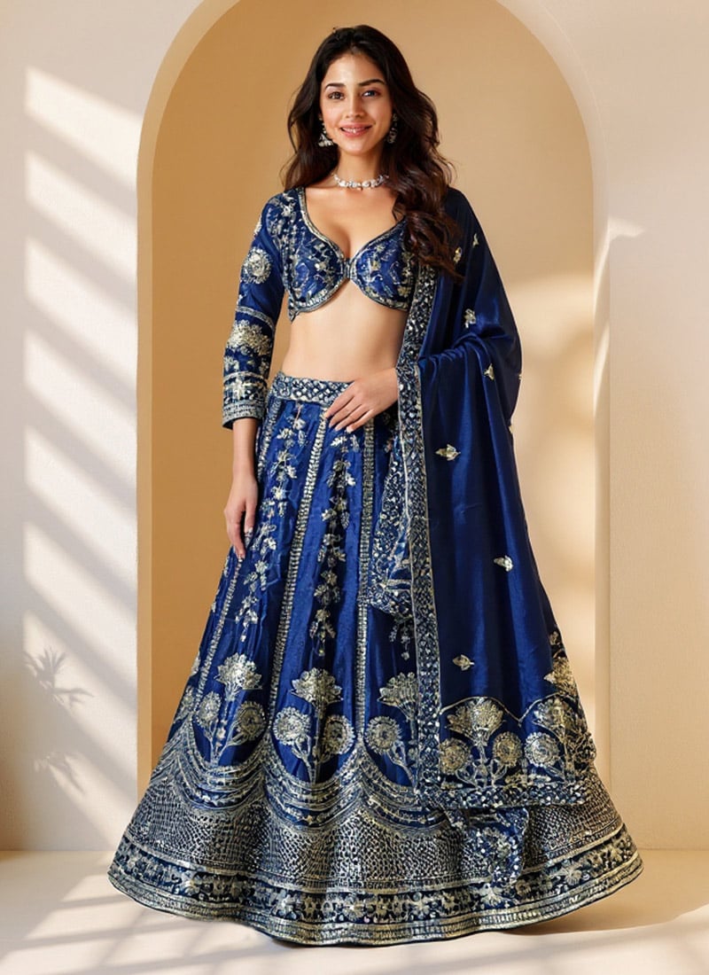 Blue Chinon Silk Lehenga With Zari Embroidery And Sequins Work Wedding Wear