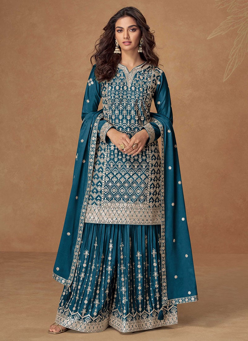 Blue Chinon Silk Sequins Embroidered Palazzo Suit Festive Wear
