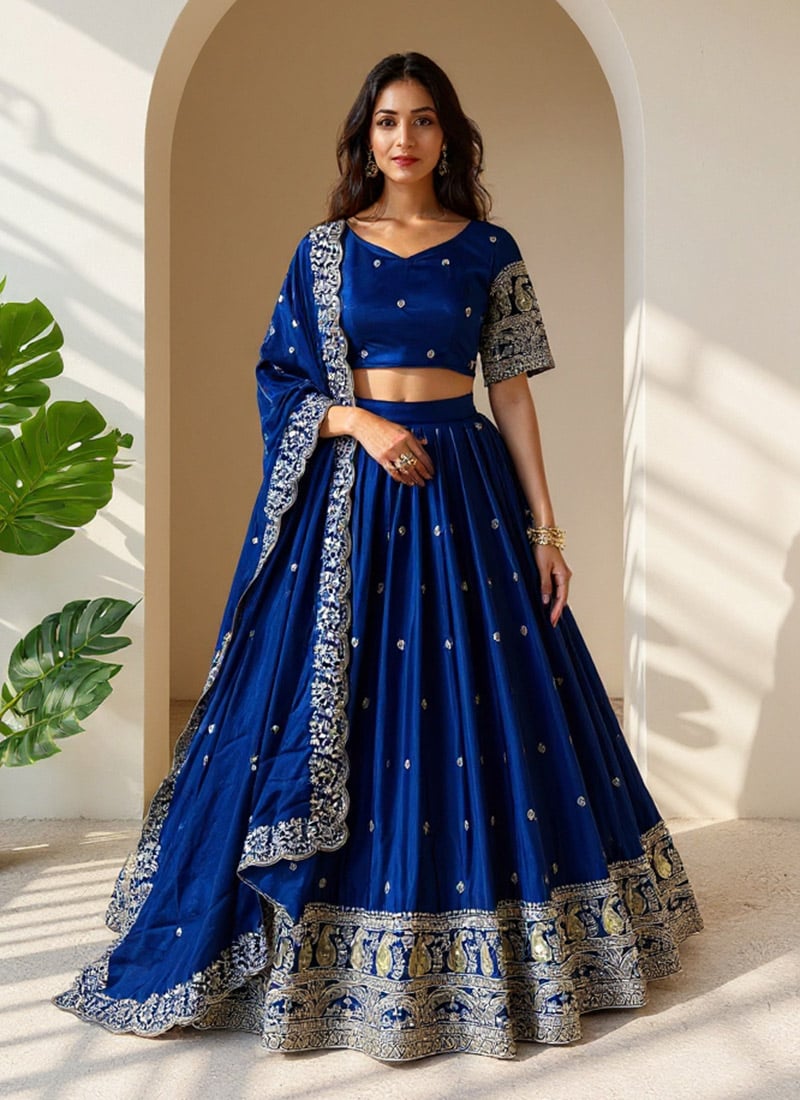 Blue Chinon Silk Sequins Lehenga Wedding Wear