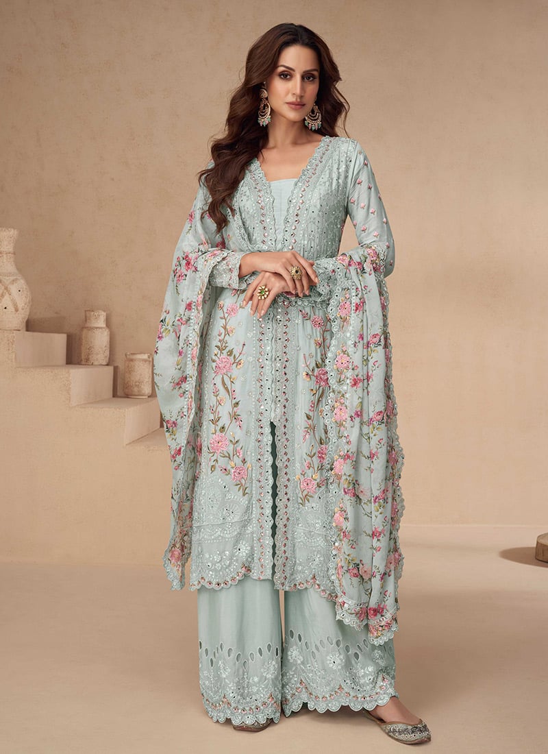 Blue Chinon Silk Thread Embroidered Sequins With Mirror Work Palazzo Suit