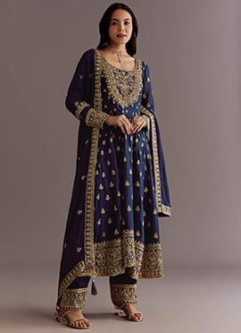 Blue Chinon Silk Thread Sequins Anarkali Suit