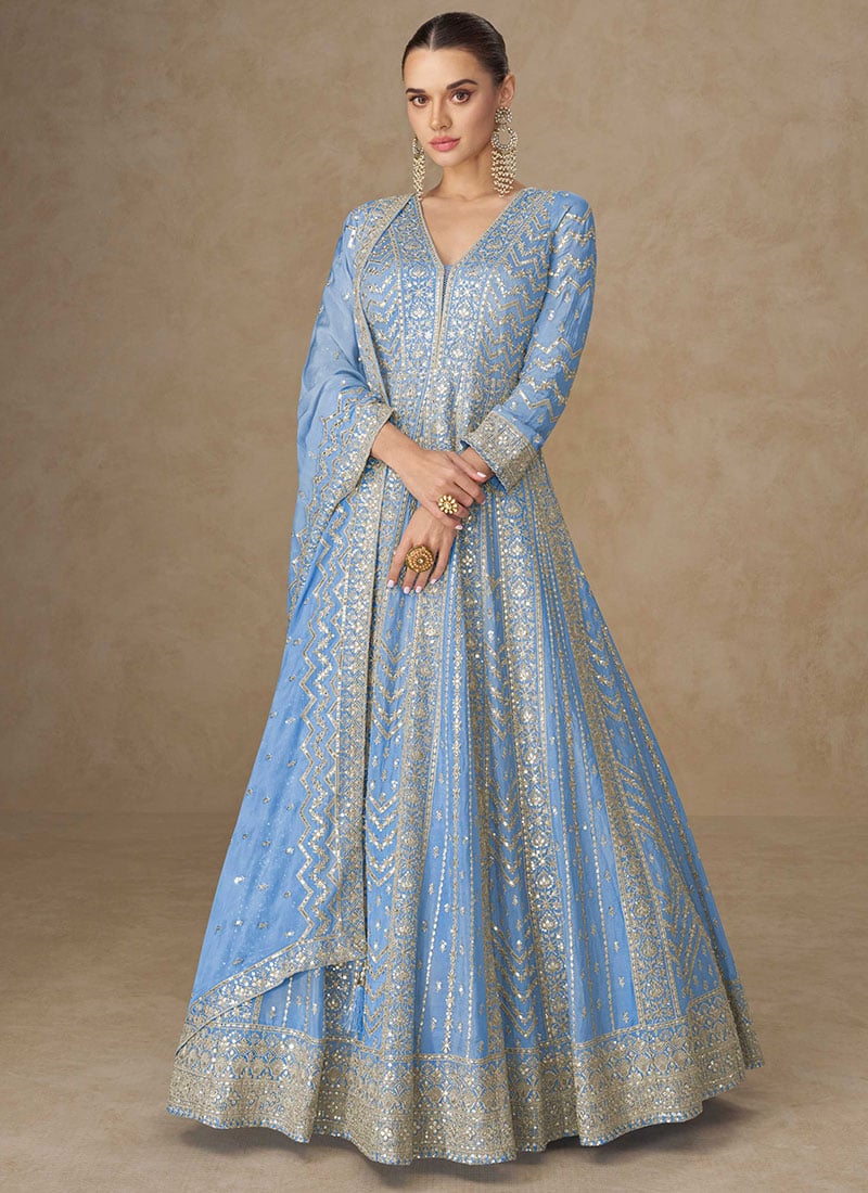 Blue Chinon Silk Zari And Embroidered Sequins A Line Anarkali Suit Festive Wear