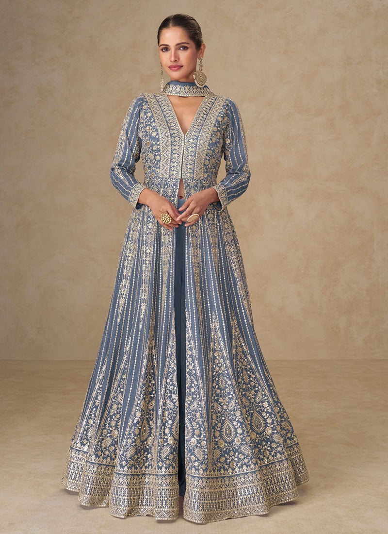 Blue Chinon Silk Zari Embroidered Sequins A Line High Slit Anarkali Suit Wedding Wear