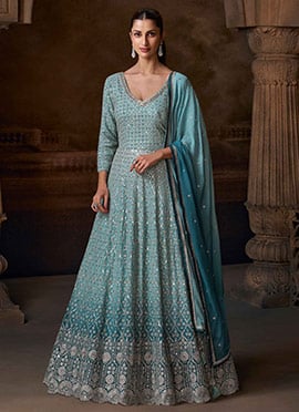 Blue Chinon Silk Zari Embroidered Sequins Gota And Stone Work A Line Anarkali Suit