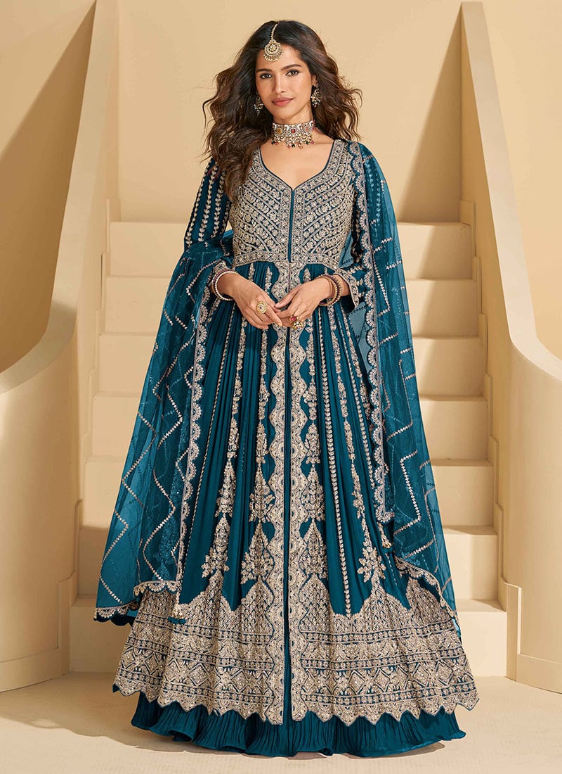 Blue Chinon Silk Zari Embroidered Sequins With Stone Work Anarkali Lehenga Wedding Wear