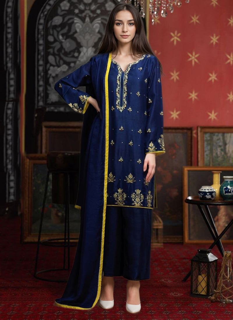 Digitally printed art silk unstitched suit Set with Zardosi Work.