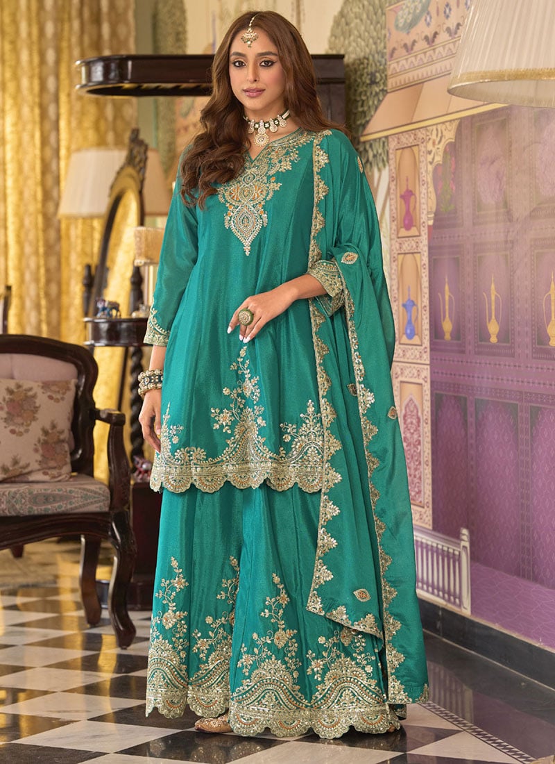 Blue Chinon Zari And Thread Embroidered Sequins Palazzo Suit Festive Wear