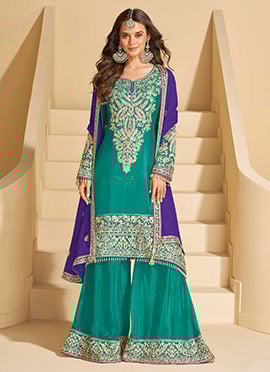 Blue Chinon Zari Embroidered A Line Palazzo Suit