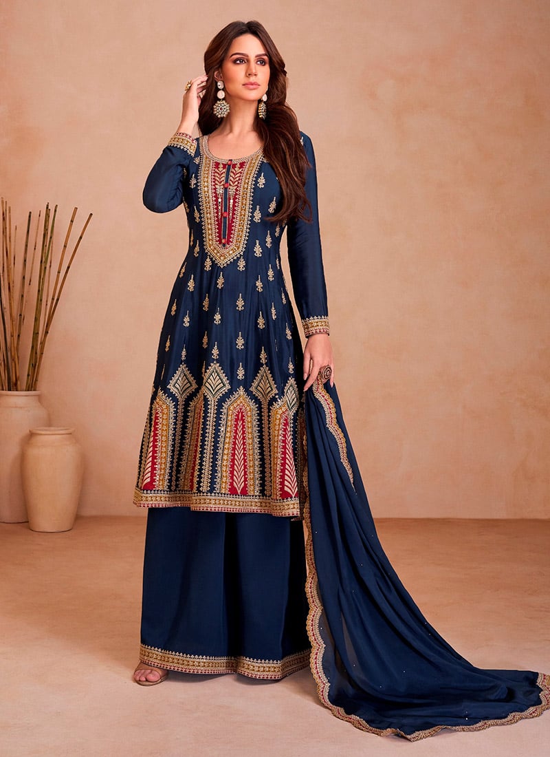Blue Chinon Zari Embroidered Sequins A Line Palazzo Suit Festive Wear