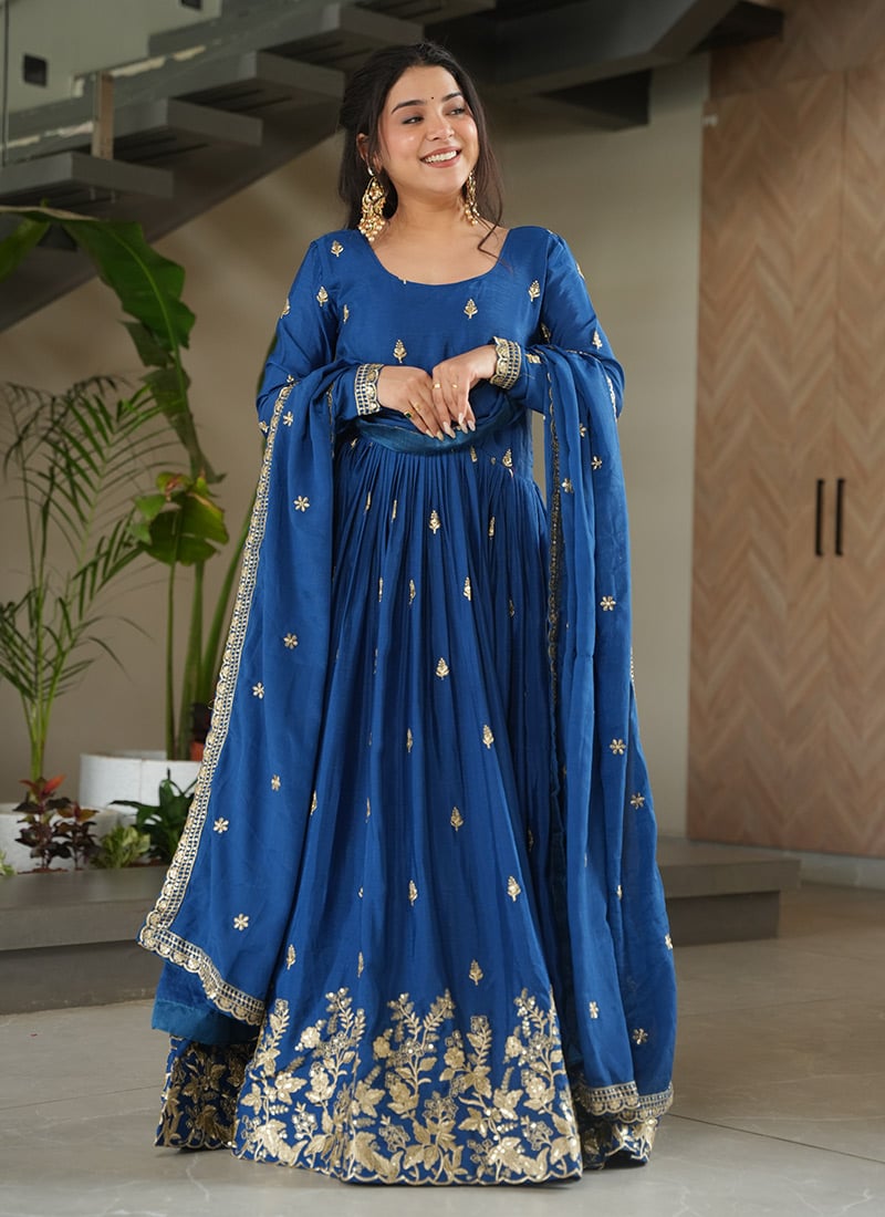Blue Chinon Zari Embroidered Sequins Anarkali Suit