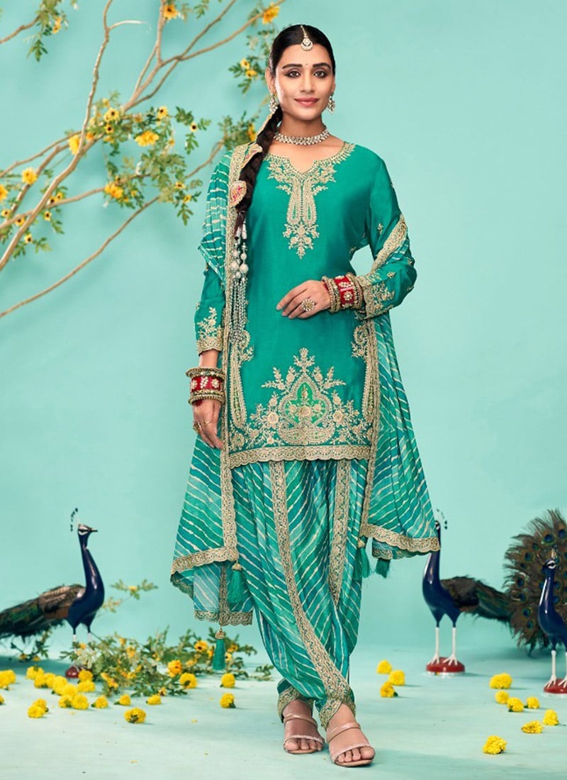 Blue Chinon Zari Embroidered Sequins Dhoti Salwar Suit Festive Wear