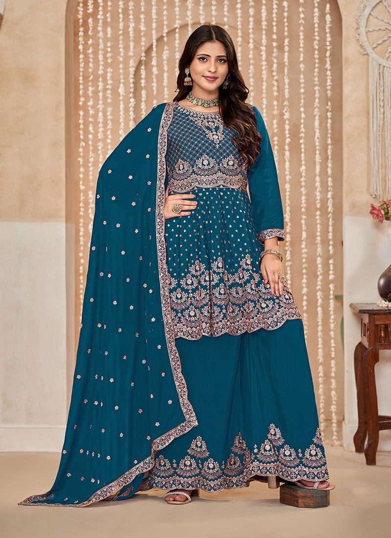 Blue Chinon Zari Embroidered Sequins Palazzo Suit Festive Wear