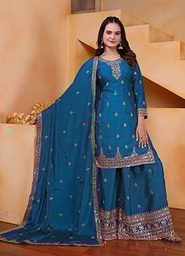 Blue Chinon Zari Embroidered Sequins Palazzo Suit