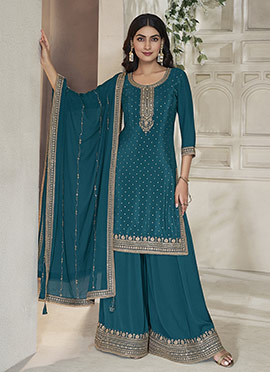 Blue Chinon Zari Embroidered Sequins Palazzo Suit