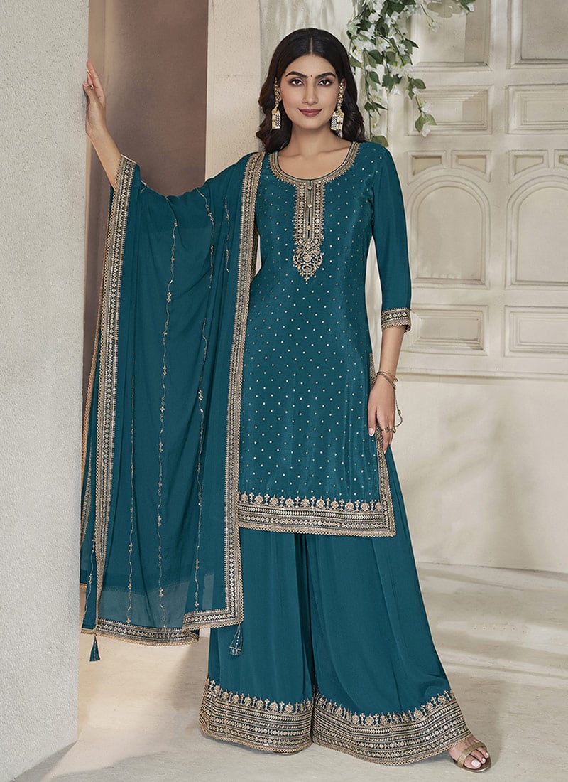 Blue Chinon Zari Embroidered Sequins Palazzo Suit Festive Wear