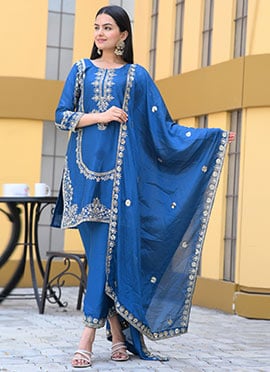 Blue Chinon Zari Embroidered Sequins Straight Pant Suit