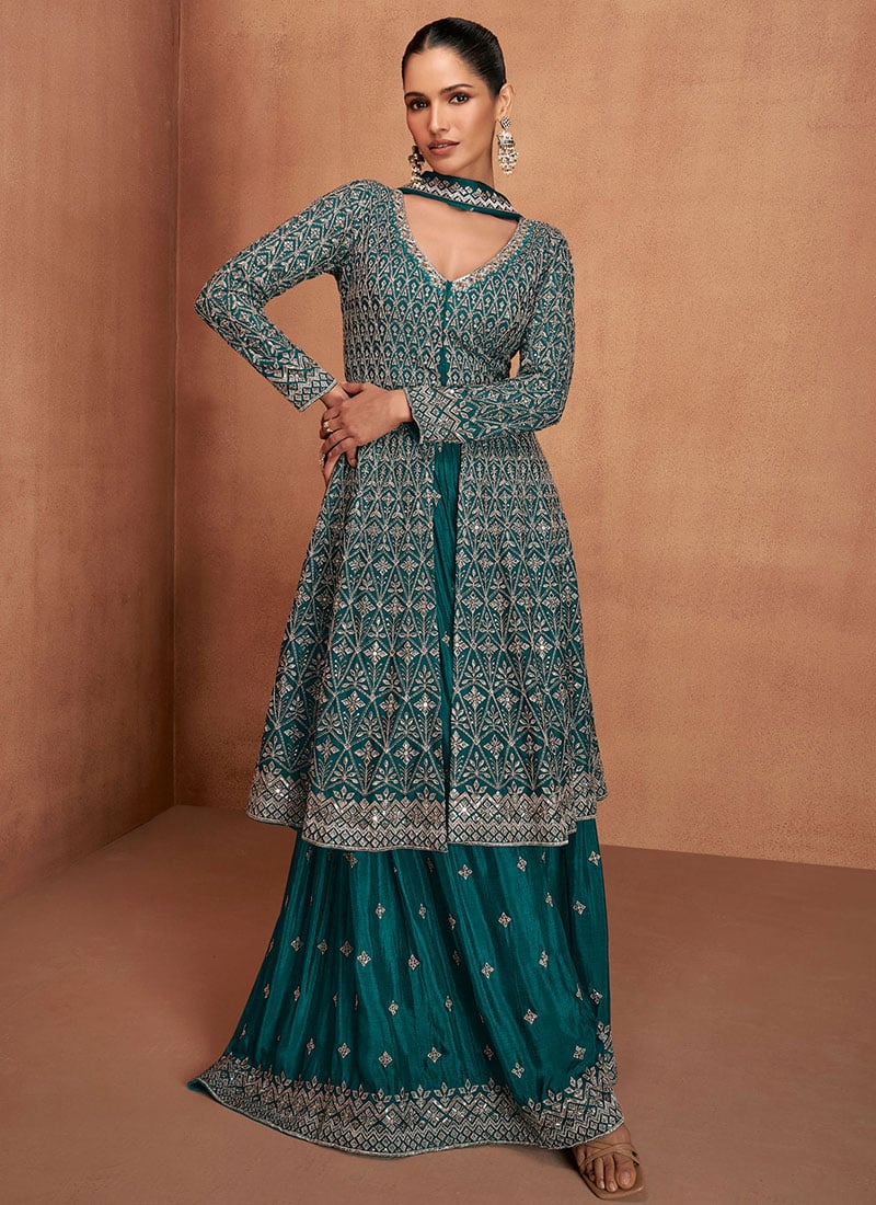 Blue Chinon Zari Sequins Embroidered Anarkali Suit Festive Wear