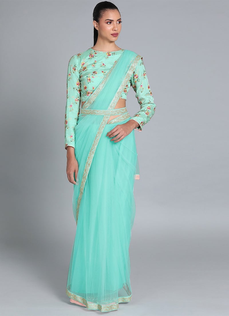 Blue Closed Neck Embroidered Saree